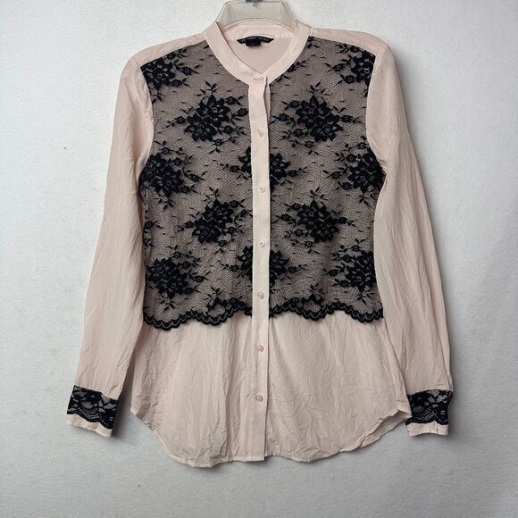 VICTORIA'S SECRET button up blouse top women S pink black lace Silk whimsigoth - Picture 1 of 6